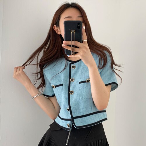 Gagarich damesjas koreaanse stijl chique ronde hals kleur bijpassende chique enkelrijs rechte dunne navel cropped jas top: Blauw / M