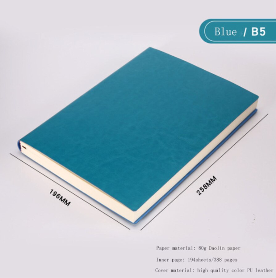 A5 A6 B5 Business increase thick Notebook Office meeting minutes Notepad leather soft copy line pages Diary Stationery: B5 Blue