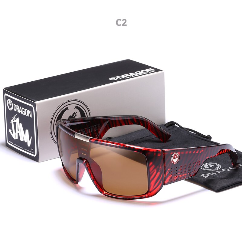 Windproof Mirrored lens Men Dragon DOMO Driving Fishing Sun glasses Square Glasses For Men UV400 Summer Shades Eyewear: C2 / With case