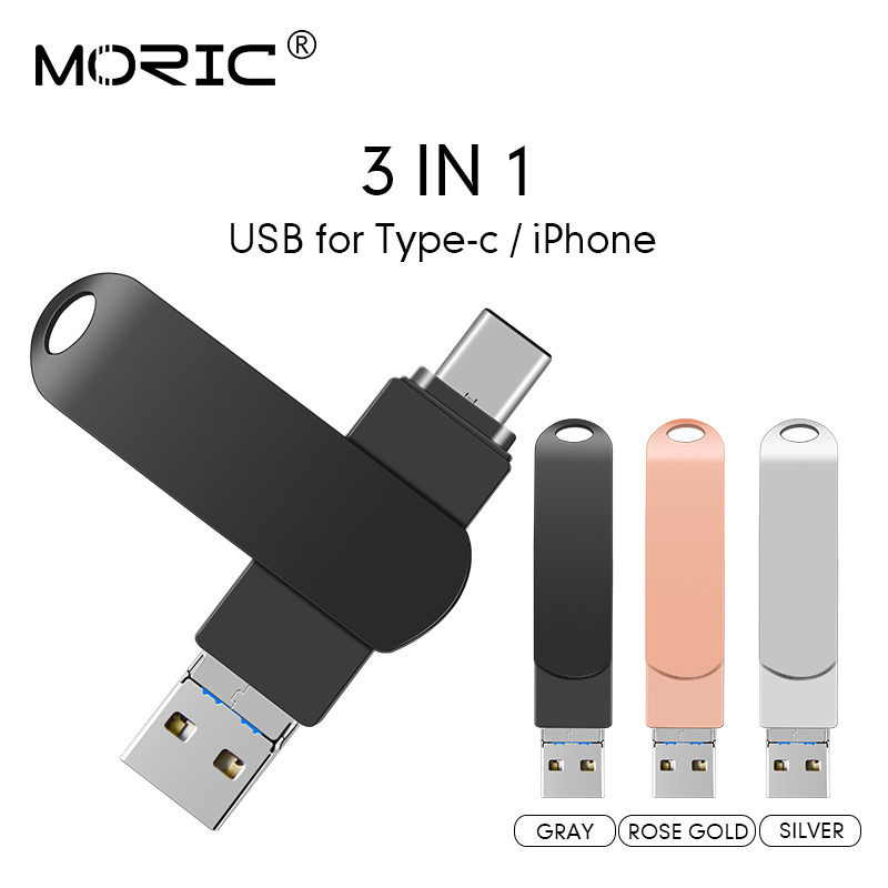 IOS 3 in 1 chiavetta USB in metallo 128gb tipo-c Pendrive 32gb 64gb USB 2.0 Flash Disk per iPhone X/8 Plus/8/7 Plus Memory Stick USB