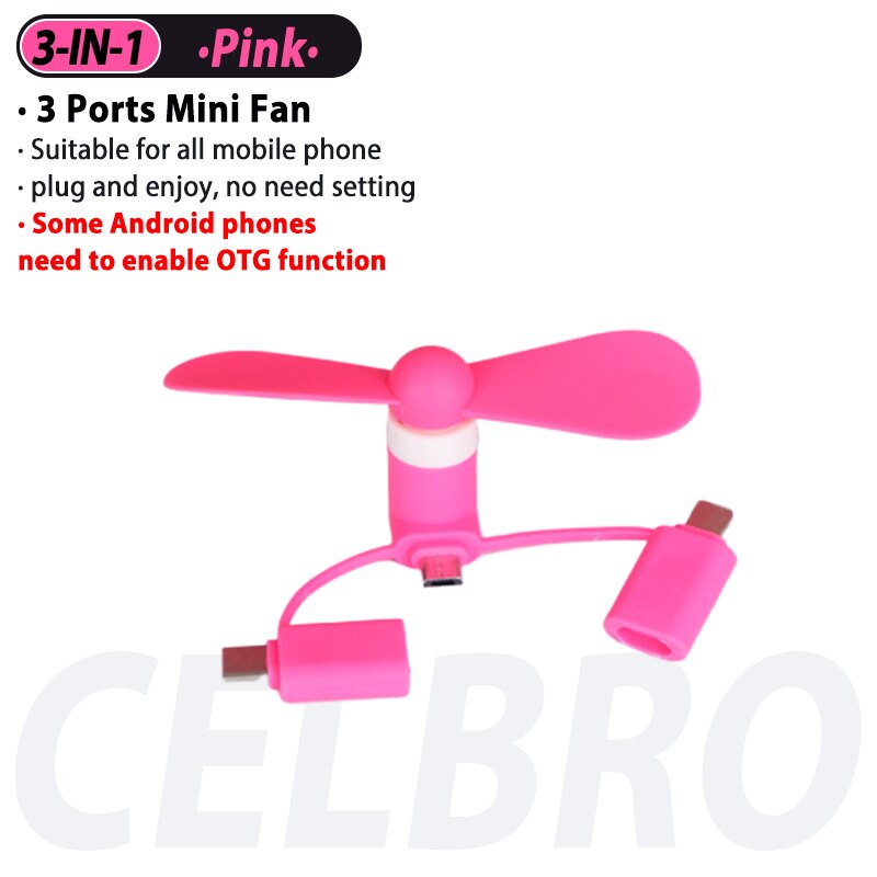 3-In-1 Mini Mobiele Telefoon Ventilator Draagbare Mobiele Telefoon Ventilator Cooling Type C Micro Port Fan 3 in 1 3in1 Voor Huawei Samsung Xiaomi Otg: 3in1 Pink