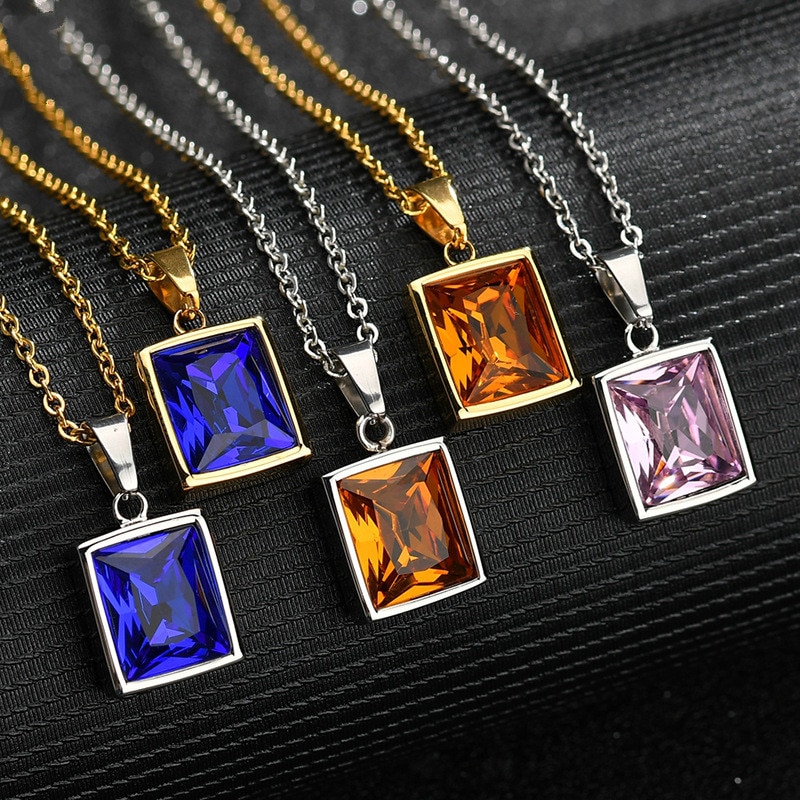 Vintage Rvs Ketting Bling Vierkante Roze Blauw Kubieke Zirkoon Stenen Hanger Ketting voor Vrouwen Mannen Charm Crystal Sieraden