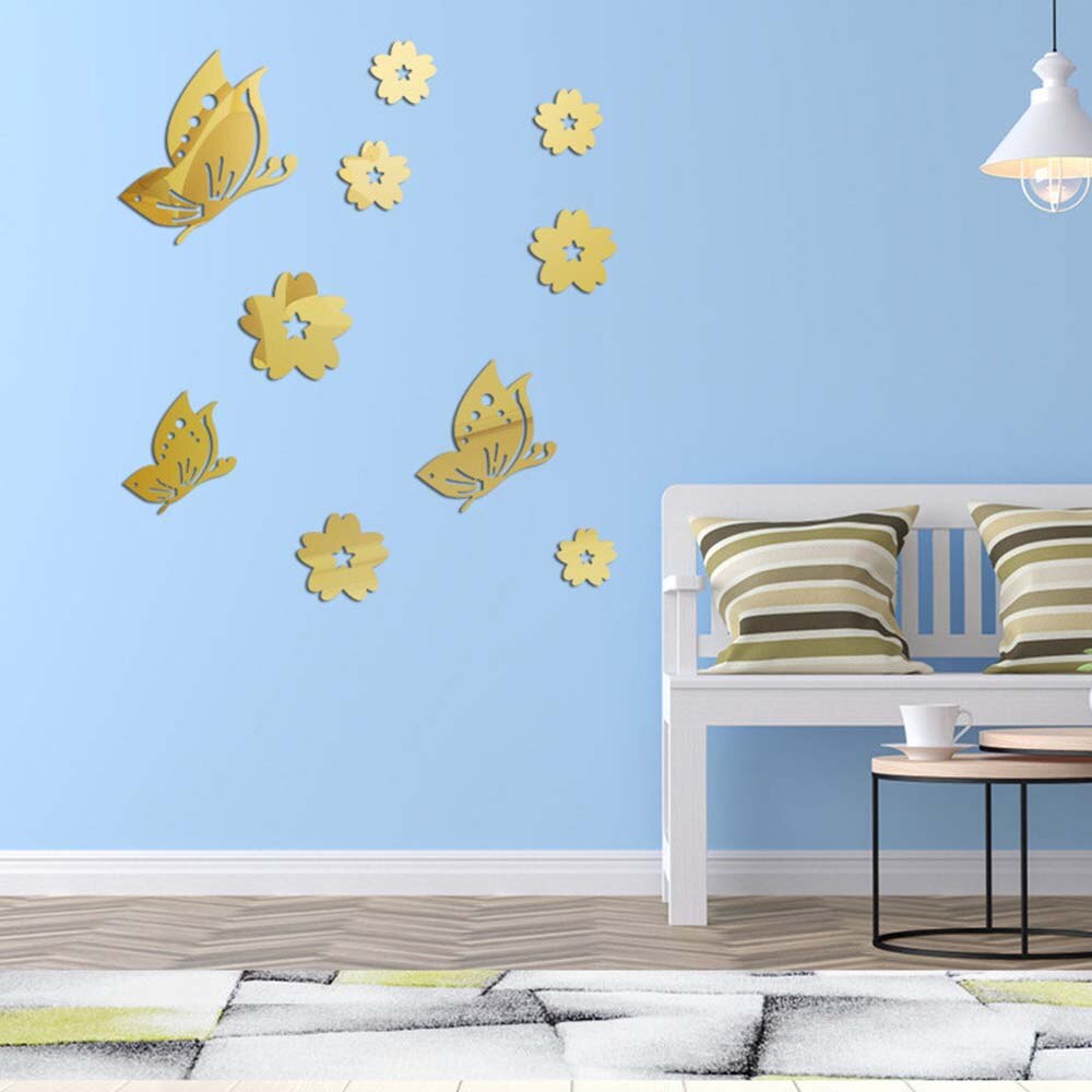 Vlinder Bloem Spiegels Muurstickers Acryl Zwart Goud Zilver Zelf Adhsive Art Wall Home Decor Oppervlak 3D Muurstickers #9