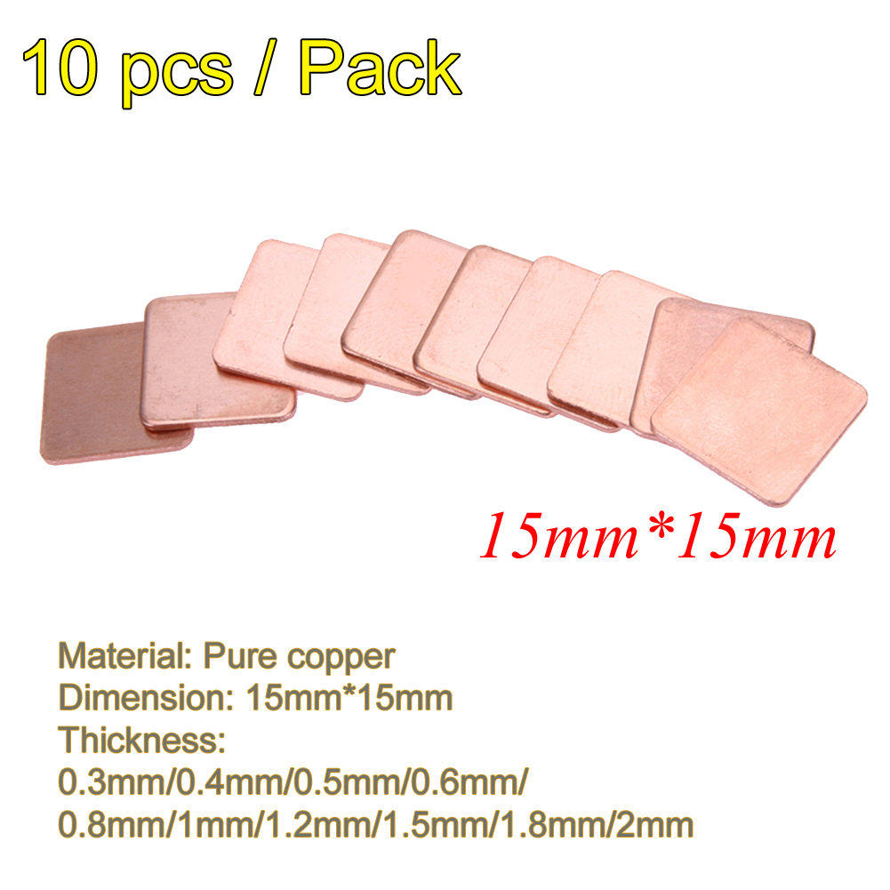 Disipador térmico de cobre puro para ordenador portátil, disipador de calor conductor de CPU GPU, 10 Uds., 15x15mm, 0,3/0,4/0,5/0,6/0,8mm
