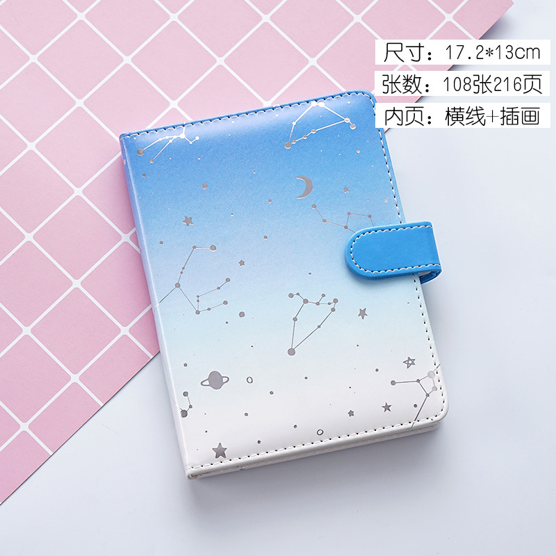 Cute Kawaii Coloring Page Notebook A6 PU Leather constellation Diary Horizontal Line School Office Stationery Supplies: blue