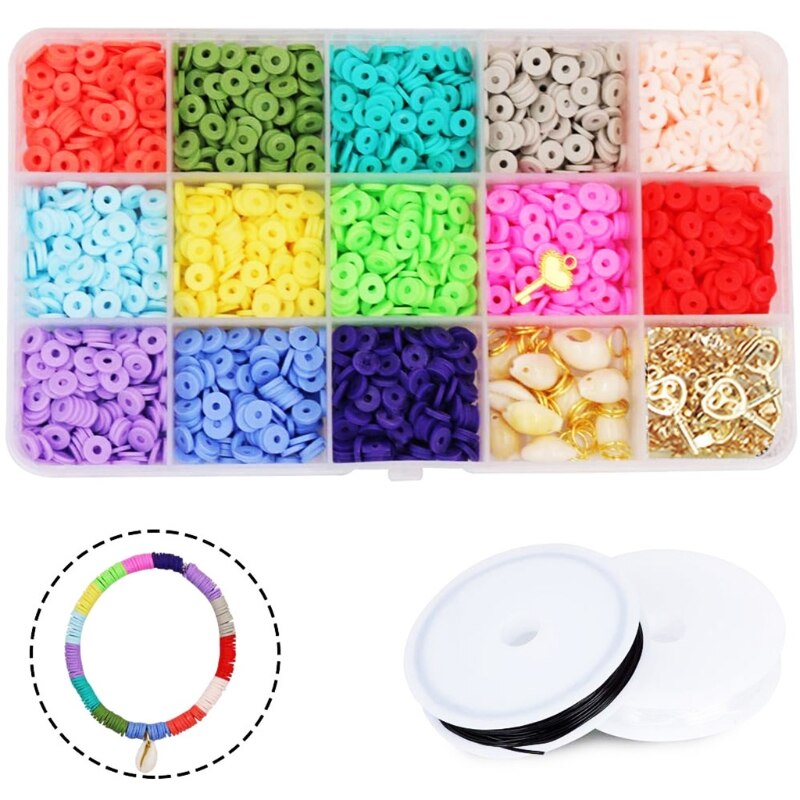 Flat Round Polymer Clay Spacer Beads Set for Jewelry Making Bracelets Necklace Earring DIY Craft Kit with Pendant: Default Title
