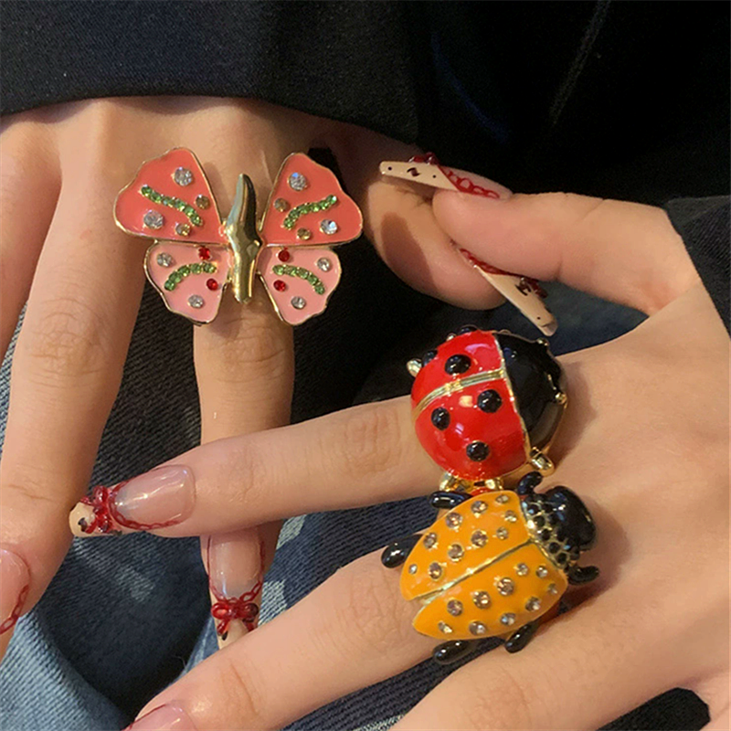 HangZhi Vintage esmalte Rhinestone insecto anillo colorido lindo mariposa escarabajo Punk Y2K joyería para mujeres