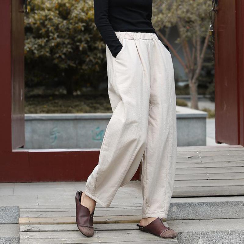Johnature Cotton Linen Leisure Elastic Waist Warm Harem Pants Autumn Winter Loose Comfortable Women Full Length Pants