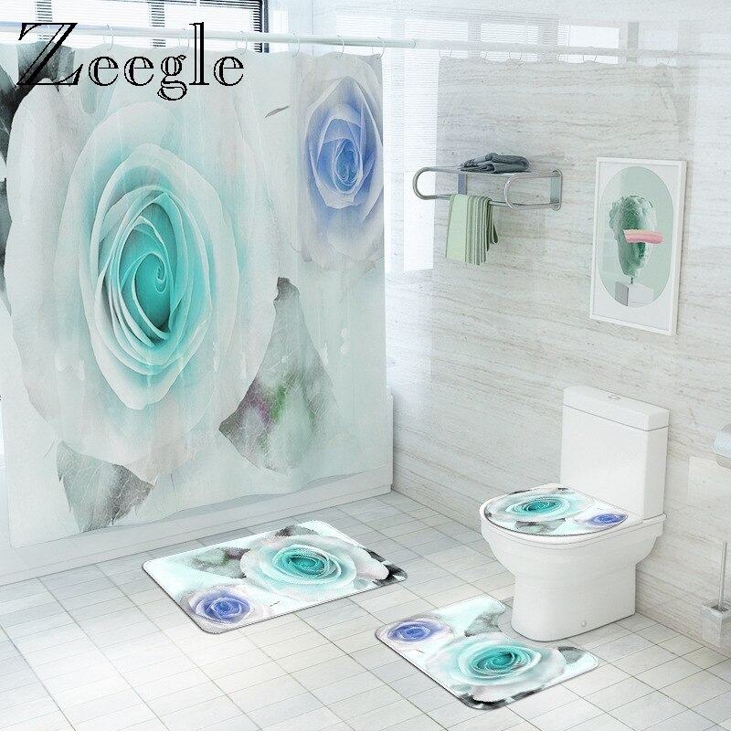 Floral Bathroom Carpet Shower Room Toilet Floor Mat Toilet Seat Cover Mat Bathroom Non-Slip Carpet Mat Set with Shower Curtain