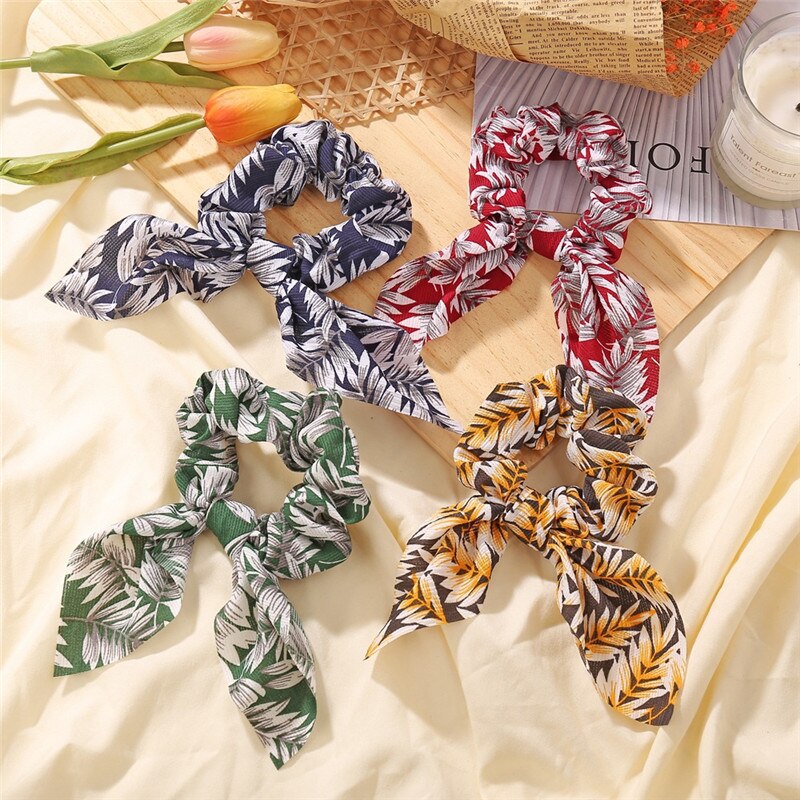 Leopard Bow Scrunchies For Woman Girls Printed Floral Hair Ties Rabbit Elastic Hair Bands Ponytail Holder Hair Accessories