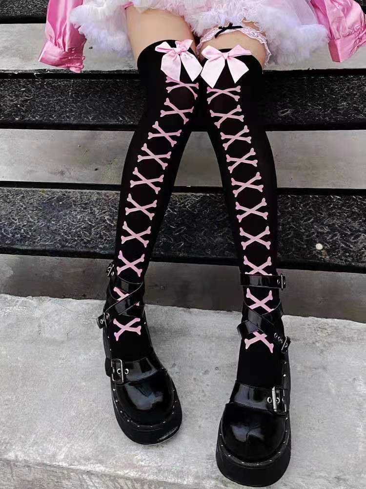 Chaussettes respirantes amusantes pour femmes, Cosplay Halloween, créativité japonaise, bas d&#39;infirmière des os, sang au dessus du genou, en Nylon et velours, Sukka: pink bow