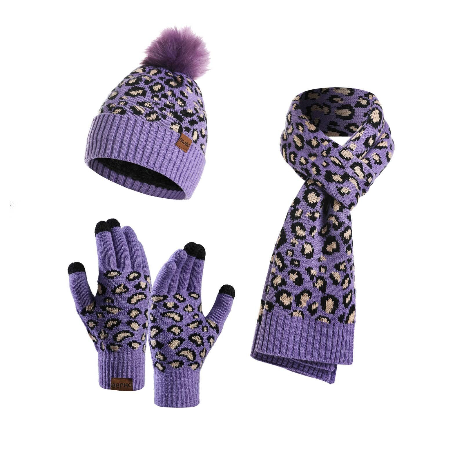Leopard Warm Beanies Hat For Girl Ring Scarf Winter Hats Female Knitted Caps Scarf 3 Pieces Winter Hat Scarf Set #T2Q: F