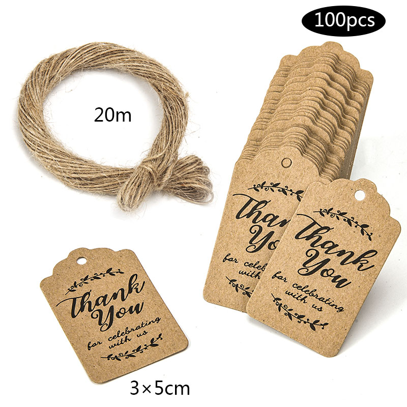 100PCS Kraft Paper Tags DIY Handmade Thank You Multi Style Crafts Hang Tag With Rope Labels Wrapping Supplies Wedding Favor: white