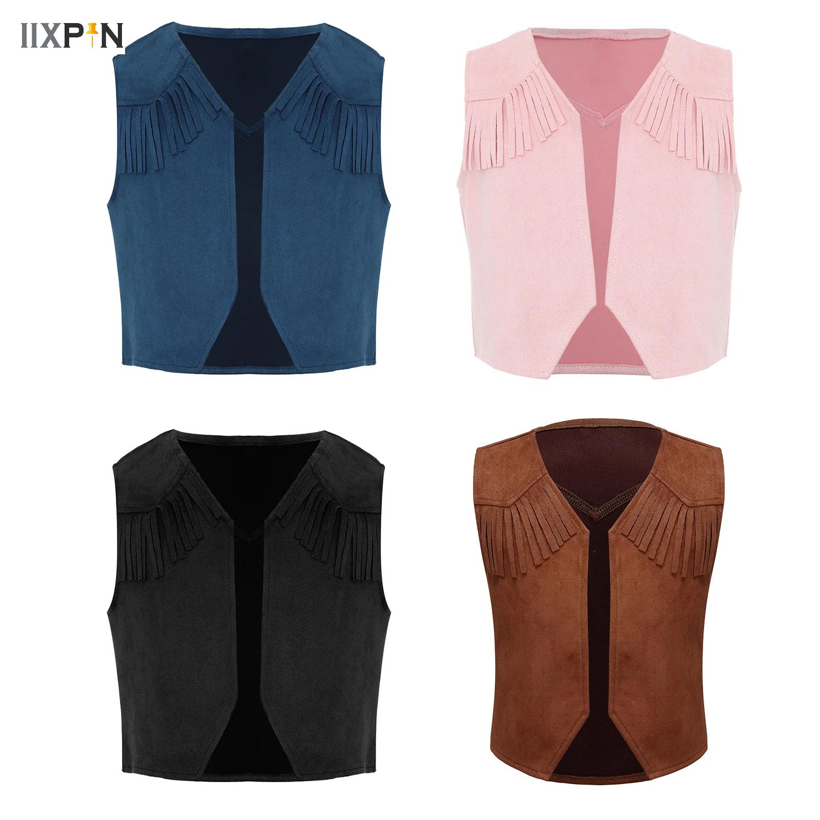 Western Cowboy Vest Waistcoat for Kids Halloween Cosplay Western Cowboy Cowgirl Dress Up Fringe Suede Leather Tops Costume
