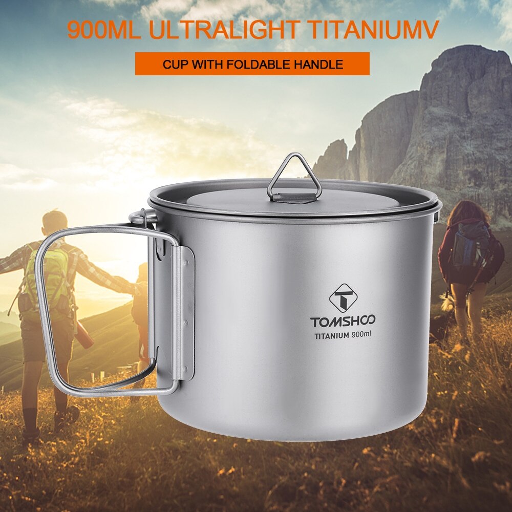 TOMSHOO 900ML Portable Titanium Pot Titanium Water Mug Cup with Lid and Foldable Handle for Outdoor Camping Cooking Picnic