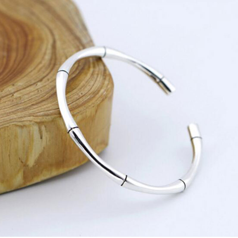 Anenjery Vintage Silver Color Bangles For Men Women Bamboo Cuff Bangles Couple Jewelry S-B138