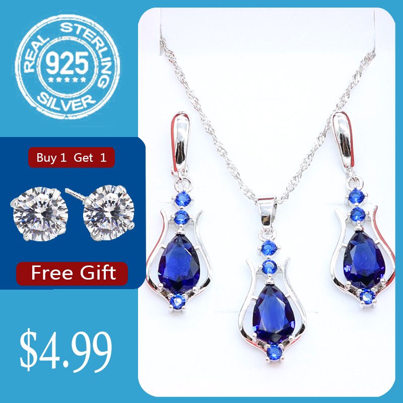 Niebieski szafir spadek kolczyki naszyjnik srebrny 925 komplet biżuterii damskiej bezpłatny prezent biżuteria ślubna: niebieski / 9