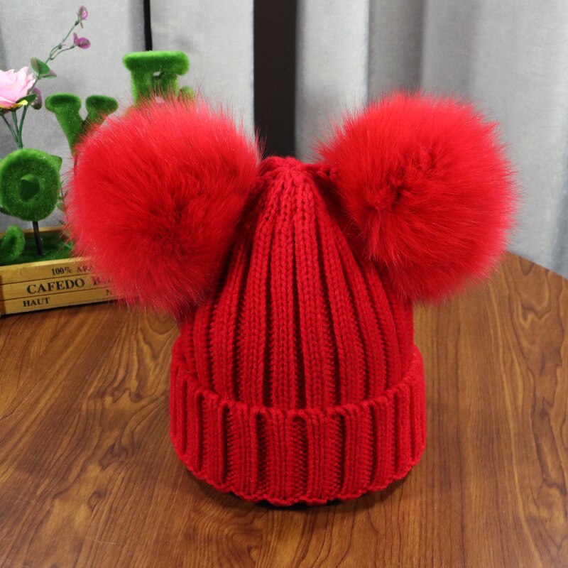 Gorro de dos pompones peludos de invierno para niños, gorro bonito tejido para niñas y niños, gorro cálido de punto para Gorros de bebé, gorro cálido para niños