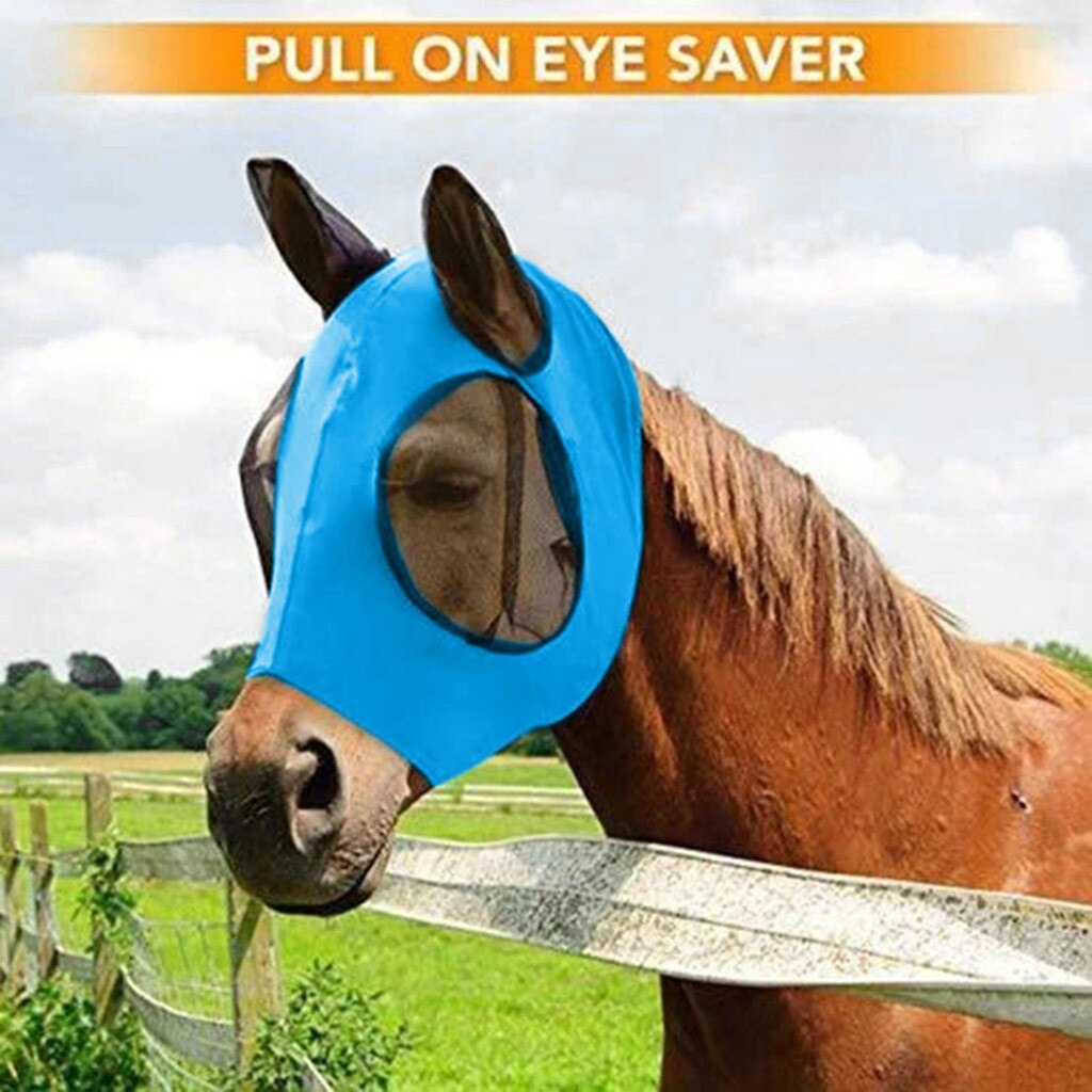 Anti-Fly Mesh Equine Mask Comfort Fit Fly Horse Mask Protects Eyes and Ears: Blue