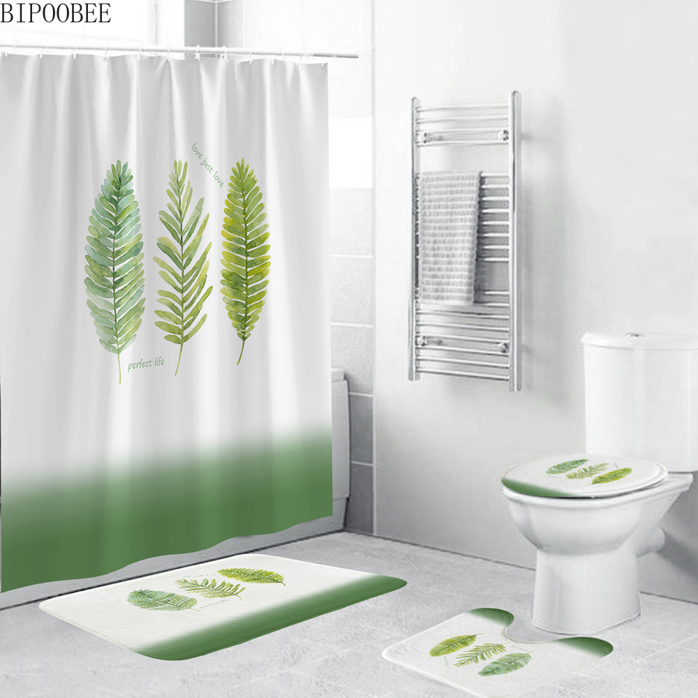 Groene Bladeren Afdrukken Douchegordijn Tropische Planten Natuurlijke Badkamer Gordijnen Anti-Slip Badmat Set Wc Tapijten Tapijt: D 4PCS