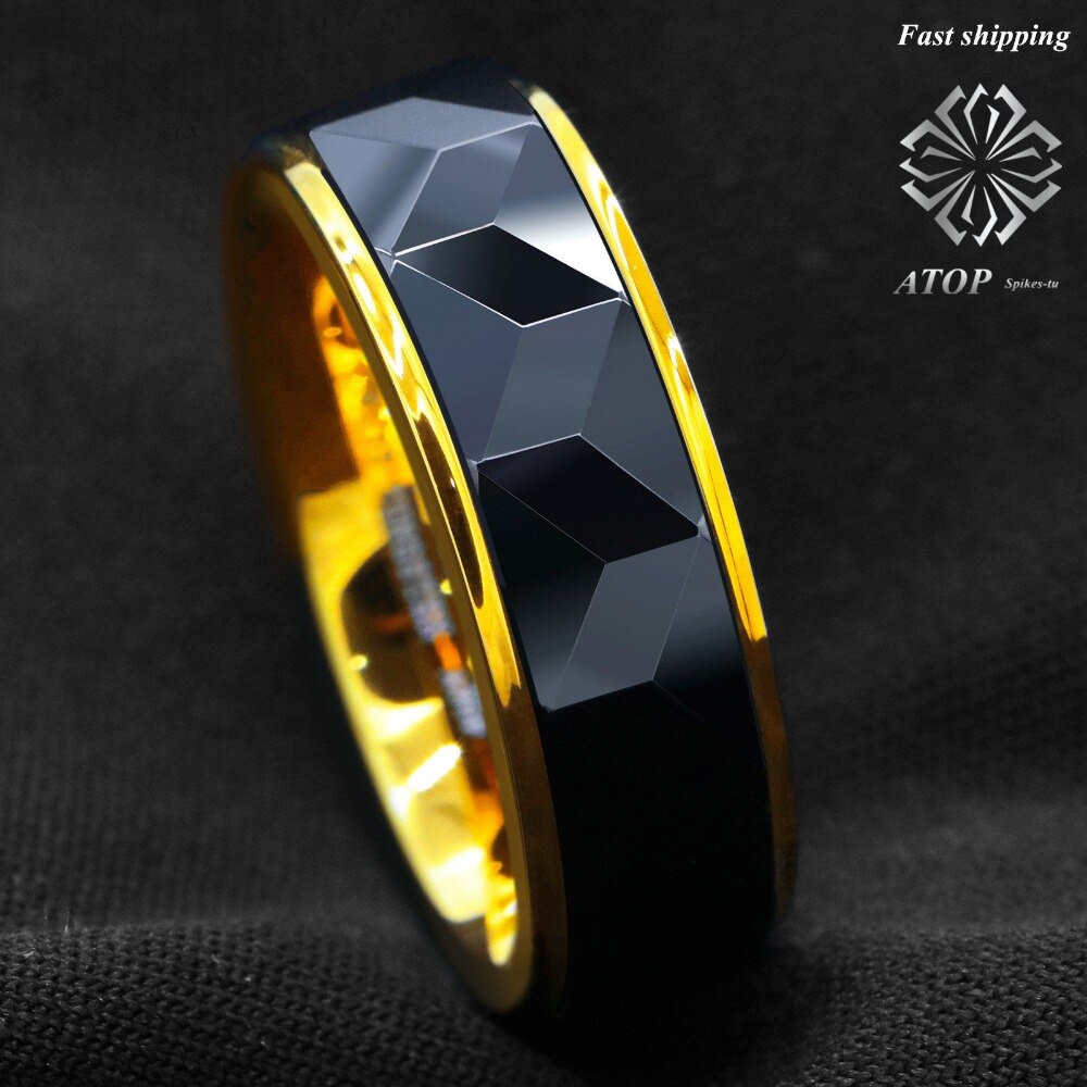 8 Black Rhombus high polished ATOP Tungsten ring 18k Gold wedding band men jewelry