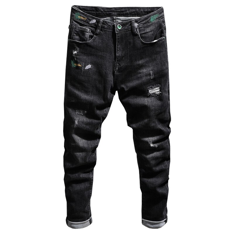 Koreansk stil herre jeans svart farge elastisk revet jeans slank passe broderi streetwear hofte hopp denim lange bukser