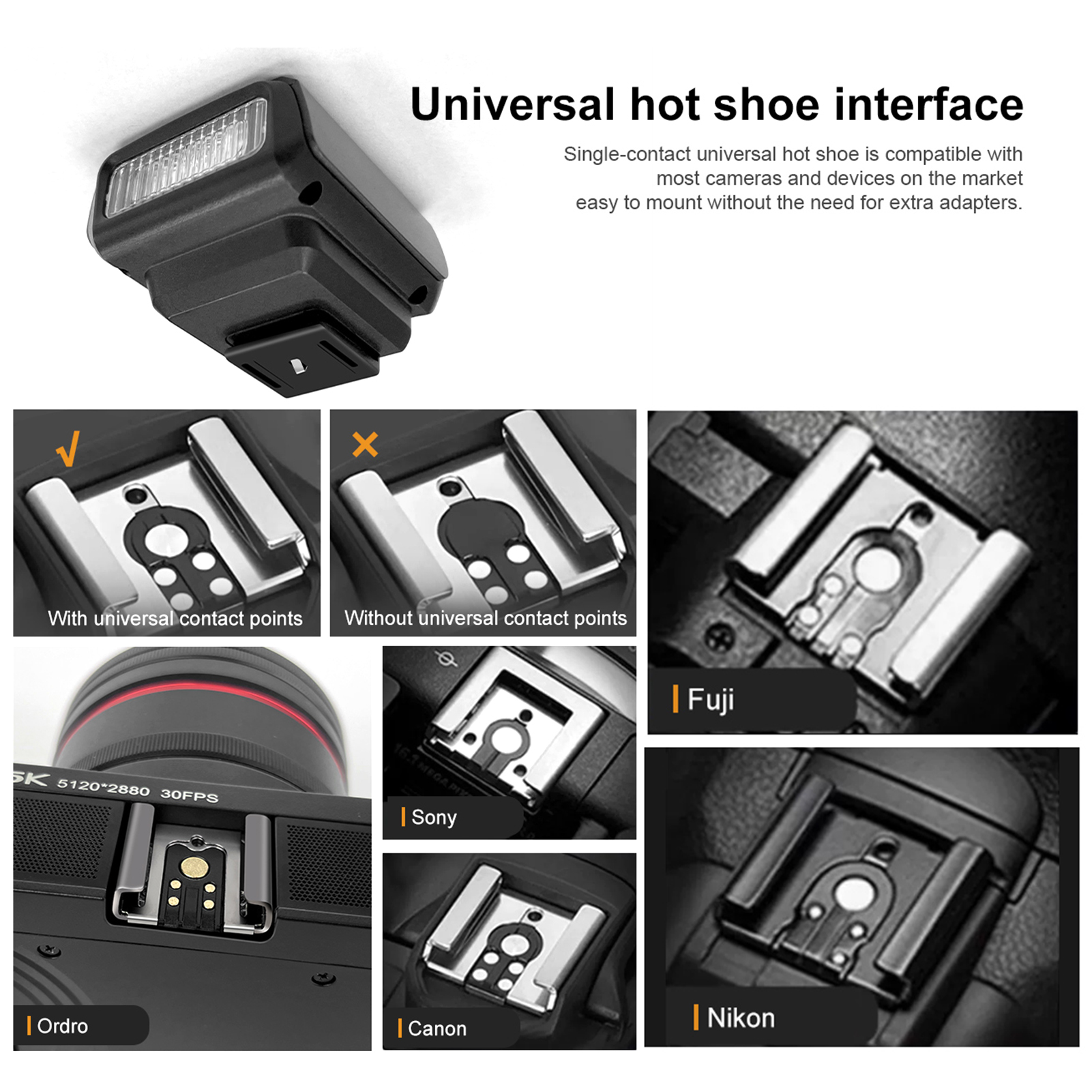 Mini-Kamera-Blitzlicht GN8 6500K Kamera Speedlite 3-stufige Helligkeit Manueller/automatischer Blitz für Fujifilm Olympus Canon Nikon