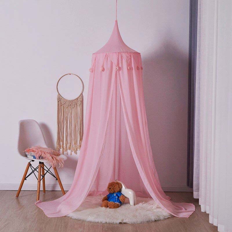 handmade wool ball children's tent bed dream baby mosquito net home decoration four colors: Pink chiffon