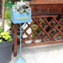 Buzón de hierro antiguo americano para jardín, maceta de flores de pie, para exteriores: Azul