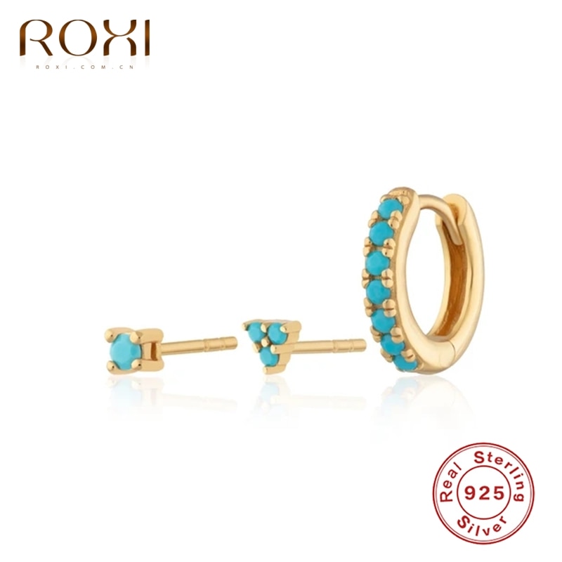 ROXI 3pcs Round Triangle Turquoise Stone Stud Earrings for Women Earring Piercing 925 Sterling Silver Jewelry Orecchini