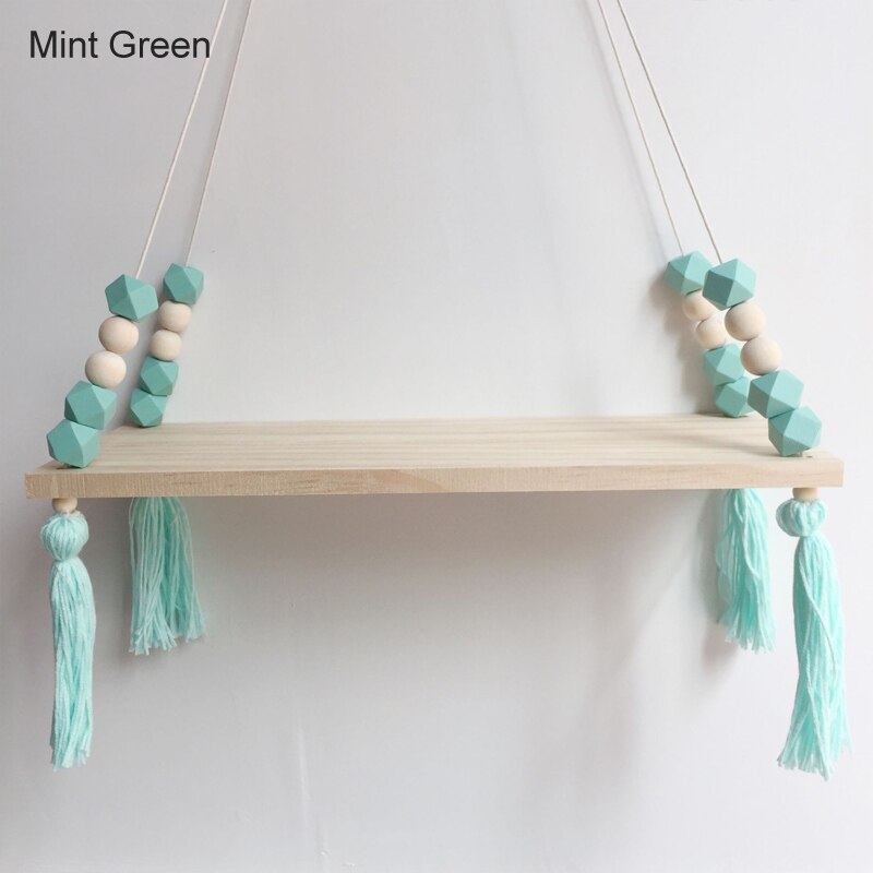 Étagère murale suspendue à pampilles en bois | Rangement de pièces, perles, décoration pour chambre d'enfants personnalité, 1 pièces, ornements pour décoration de la maison: mint green