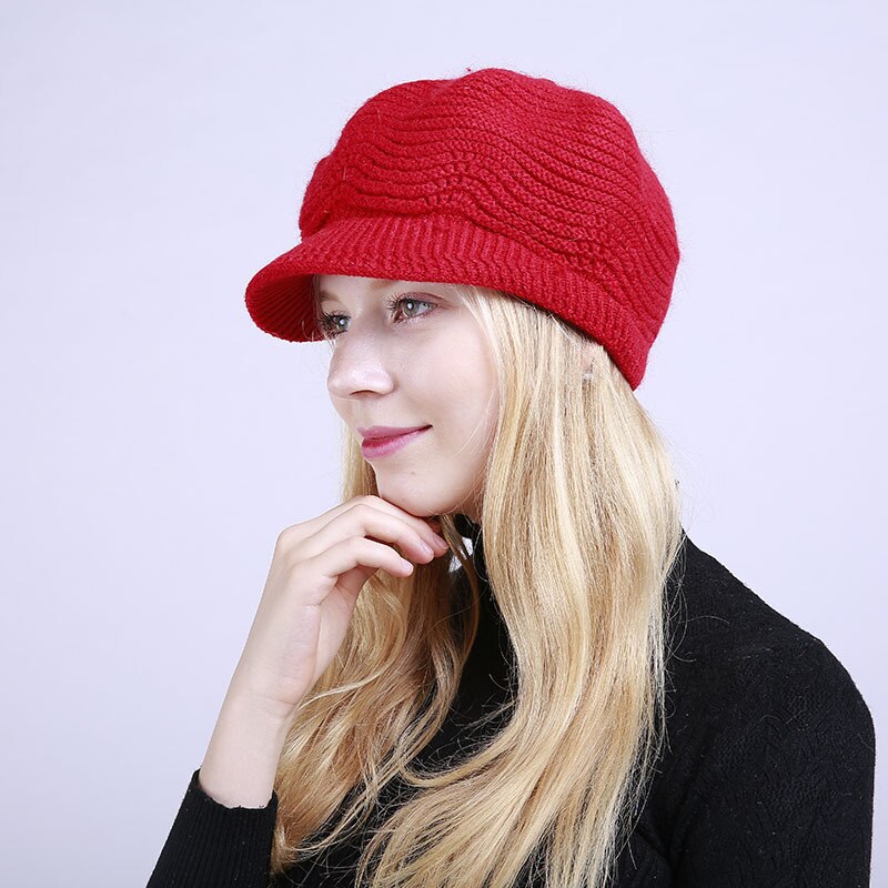 Dame plys indvendig flad skygge strikket hue efterår vinter ensfarvet blød visir hue ski cap hun strikket hue hue: Rød