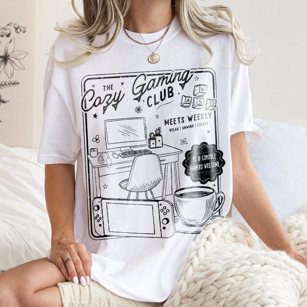 Damen Rundhalsausschnitt, gemütliches Spielen-Verein-T-Shirt, für Mädchen, Gamer, 100 % Baumwolle, lockeres retro-Schulshirt, unisex-T-Shirt, Fantasy-Bekleidung, Y2K-oben: XL / Weiß