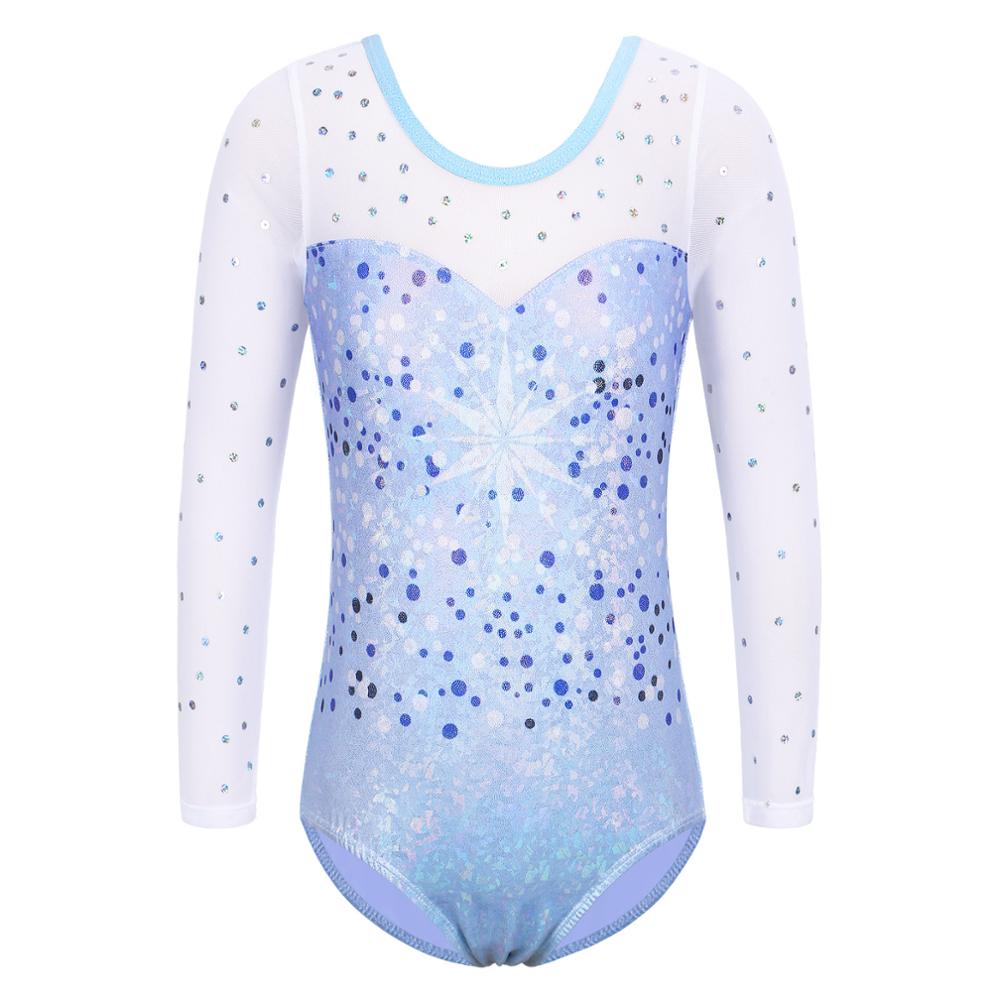 BAOHULU Blue Girls Leotards for Gymnastics Ballet Sequins Mesh Long Sleeve Toddler Bodysuit Kids Teens Acrobat Competition Suits