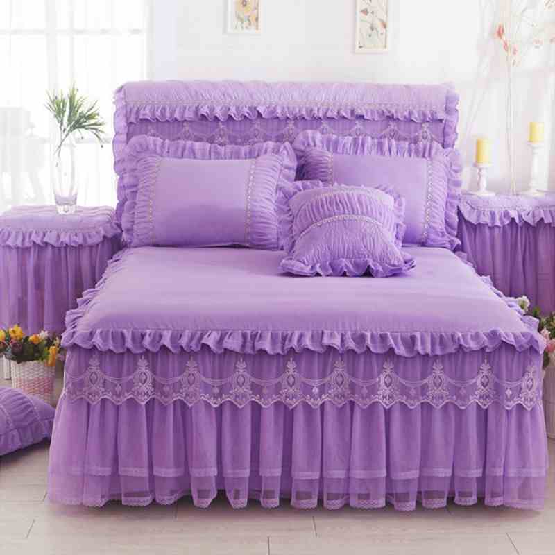 Beige/roze 1 stuk kanten bedrok +2 stuks kussenslopen prinsessenbeddengoed sprei hoeslaken voor meisjes matrashoes kingsize queensize: Paars / 1 stuk rok 150 x 200