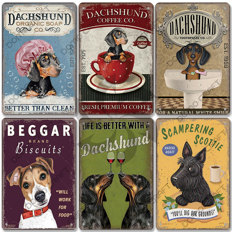 Póster de perros bonitos, carteles de Metal de estaño, placa de Metal Vintage Bulldog Dachshund, decoración artística de pared para cafetería, cocina, jardín y hogar