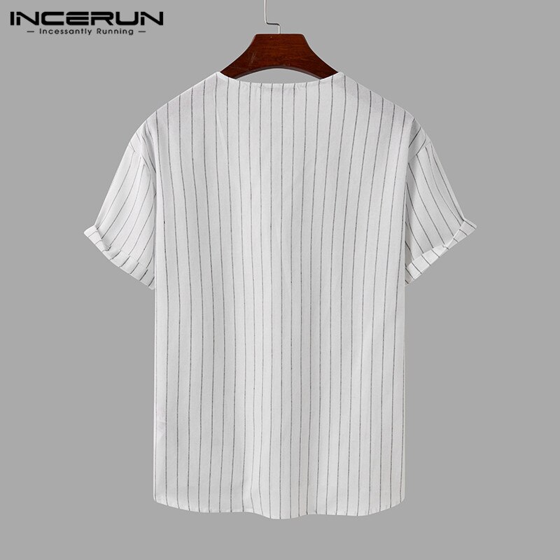Incerun herr randiga skjortor casual kortärmad v-ringad camisa man bomull andas blusas lös harajuku blus s -5xl 7