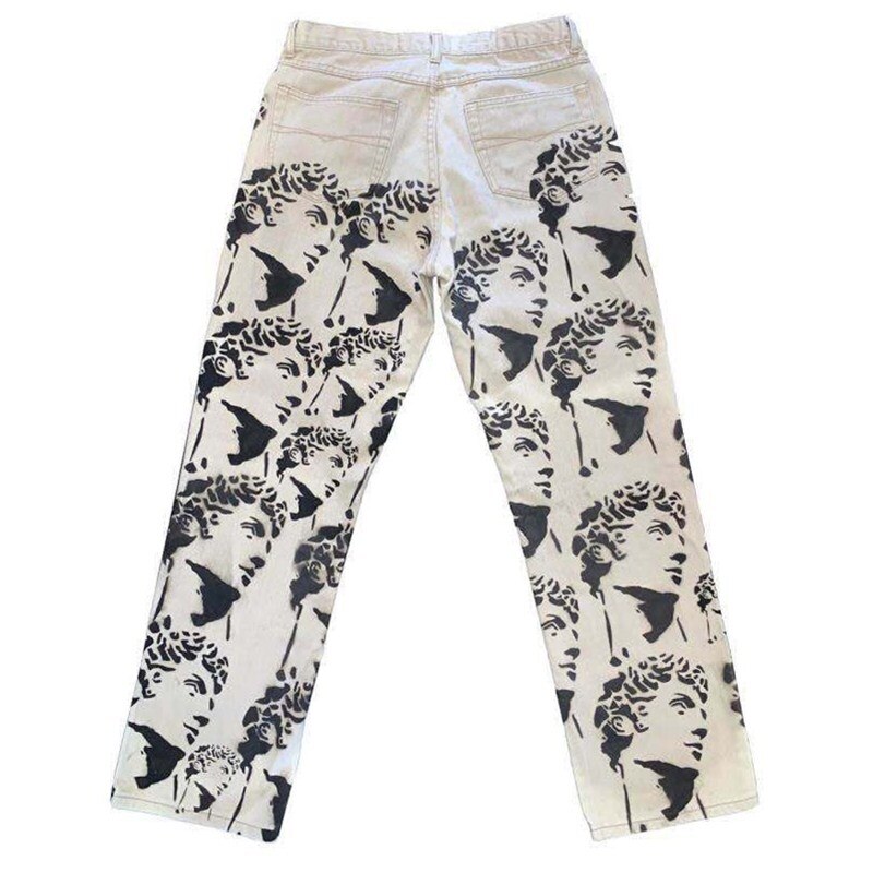 Mens Printed Statuary Jeans Men's Retro Casual Pants Men Streetwear Wild Loose Hip-hop Straight Trousers M-3XL: S