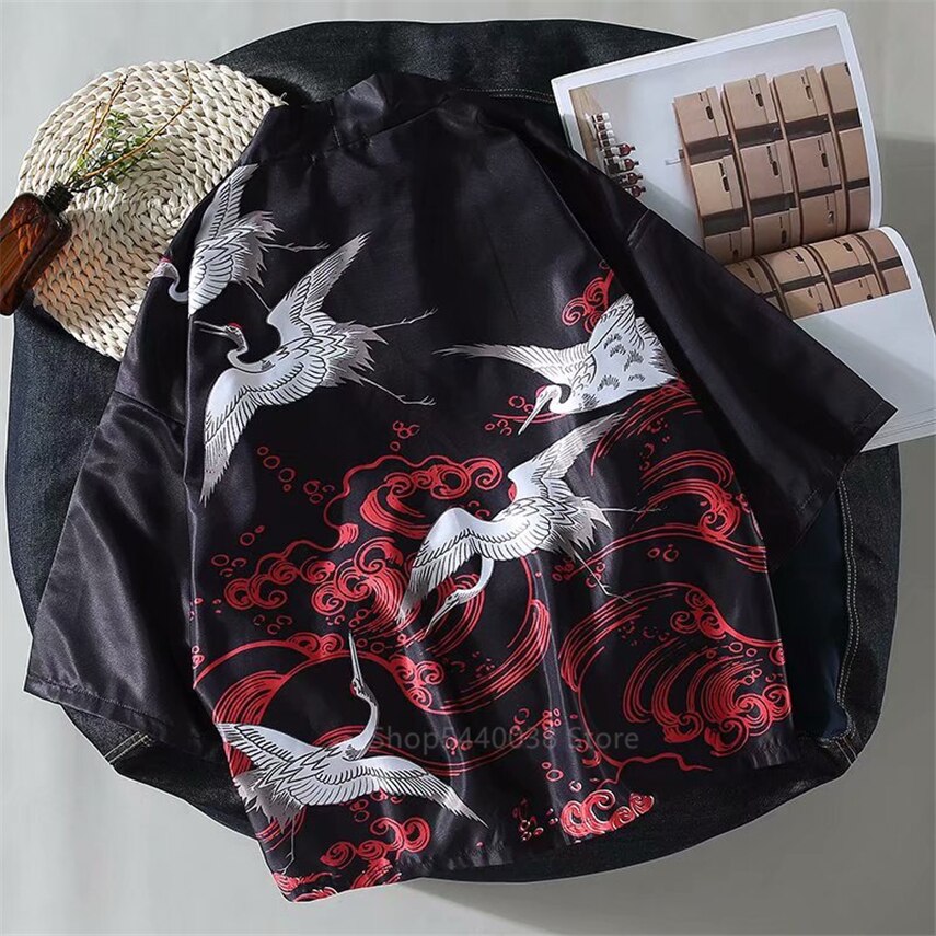 Japanse stijl traditionele kleding mannen aziatische oosterse streetwear jas samurai haori panda kraan patroon kimono top