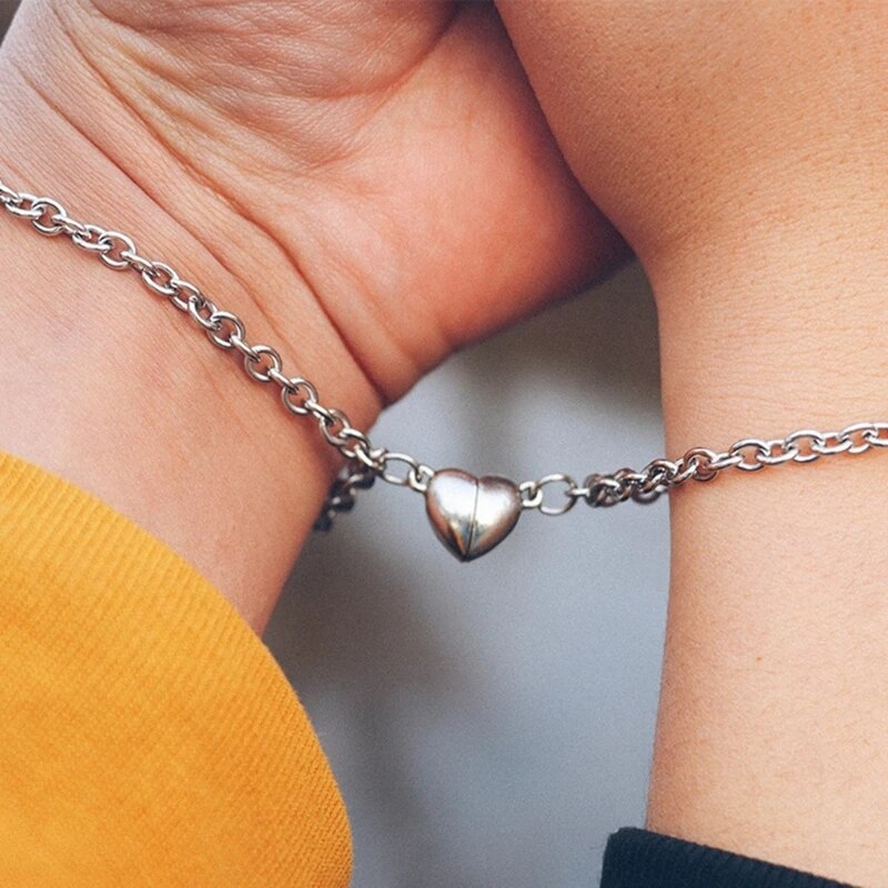 2Pcs Heart Magnet Bracelet for Lovers Stainless Steel Angel Wing Lock Couple Bracelet Heart Charm Friendship Jewelry