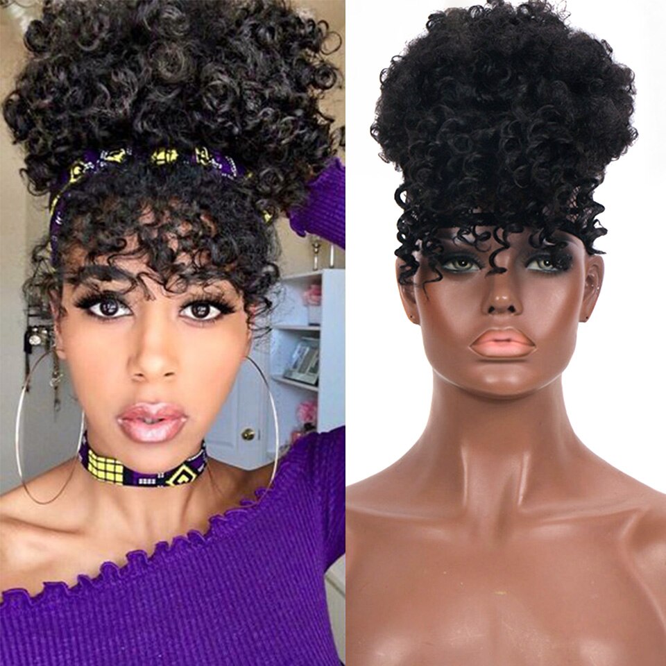 HOUYAN African chignon with bangs curly synthetic natural high temperature fluffy ponytail for women: 1B