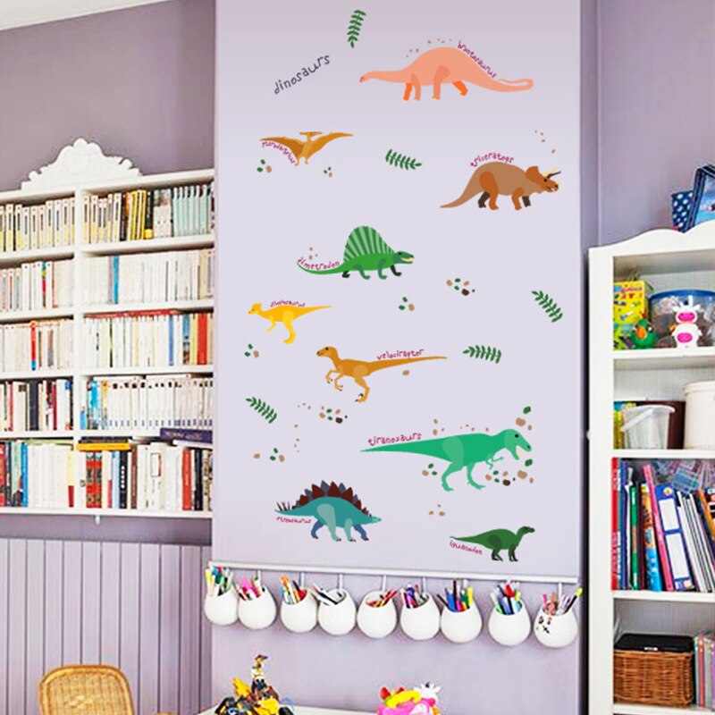 Pegatinas de pared de dinosaurios para guardería, decoración del hogar, Mural de animales de dibujos animados, arte artesanal, calcomanías de pared para habitación de niños