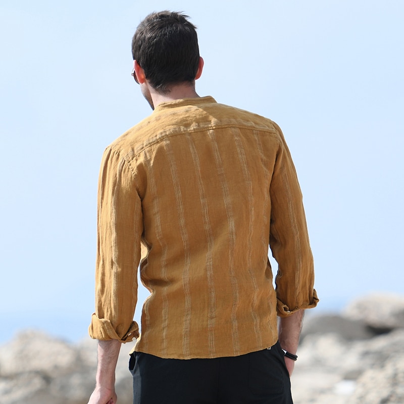 Heren lente zomer japan eenvoudige stijl harajuku opstaande kraag lange mouw effen kleur streep heren linnen casual overhemden