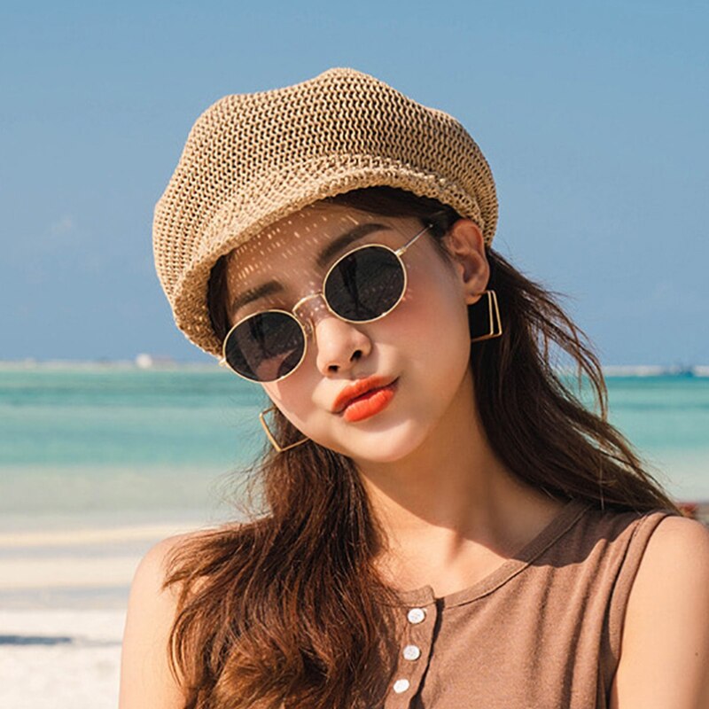 Octagonal Cap Straw Women Summer Thin Newsboy Cap Painter Adjustable Rope Knitted Beret Mesh Breathable Boinas Para Mujer: WHITE