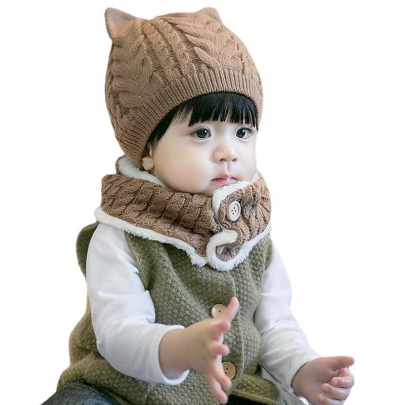 Doitbest 6 måneder  to 3 år baby baby beanie hvalp twist uld solid drenge strikkede hatte vinter 2 stk baby pige hat tørklæde sæt