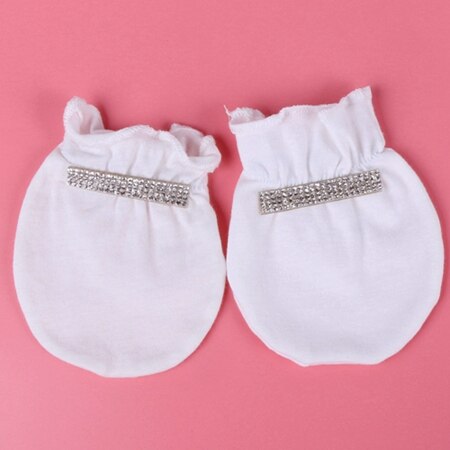 0-3 måneder nyfødte babyhandsker bomuld hvid farve rhinestone krone drengvante baby anti ridser handsker og vanter: 1 par hvid