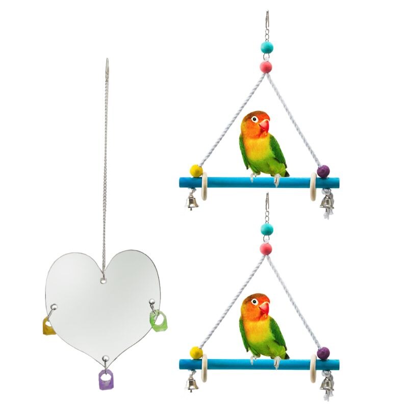 Pack de 3 columpios para loros y pollos, soporte de jaula para pájaros, percha, un lado, espejo con pájaro, juguetes con anillos para morder