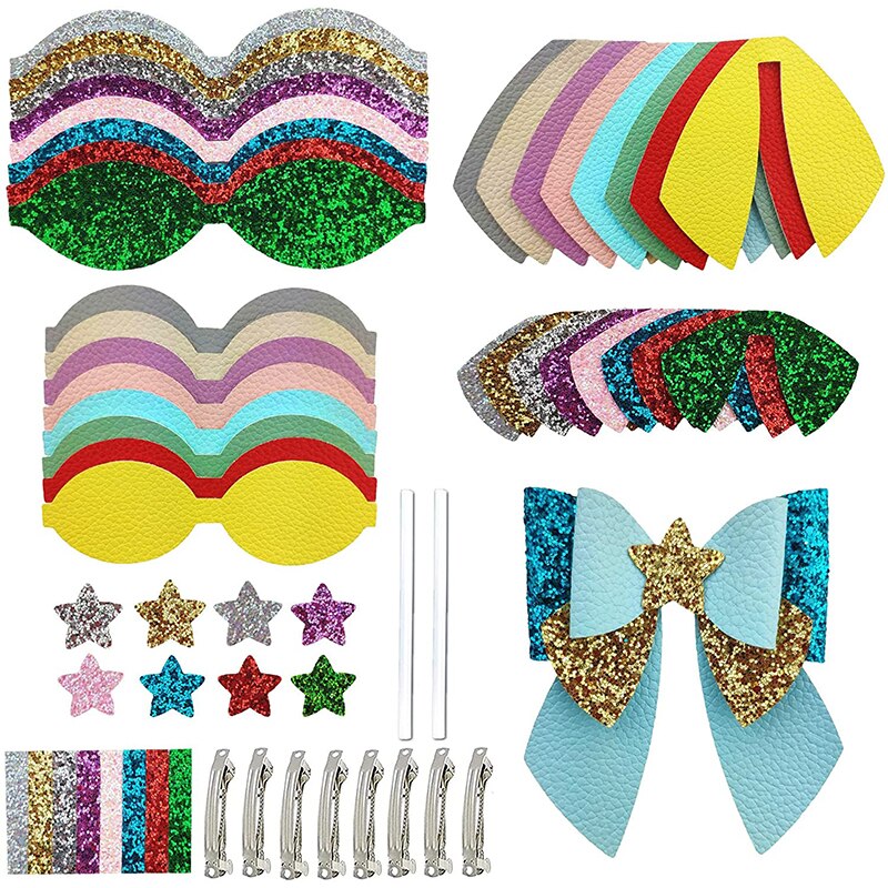 Pre Cut Leather Bow Making Kit 8 Set Colorful Large Bows with Glitter Solid Pieces French Barrette Hair Clips for DIY