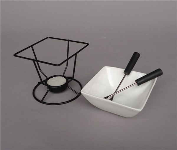 Keramisk vit chokladsmältpanna med metallställ för diy fondue