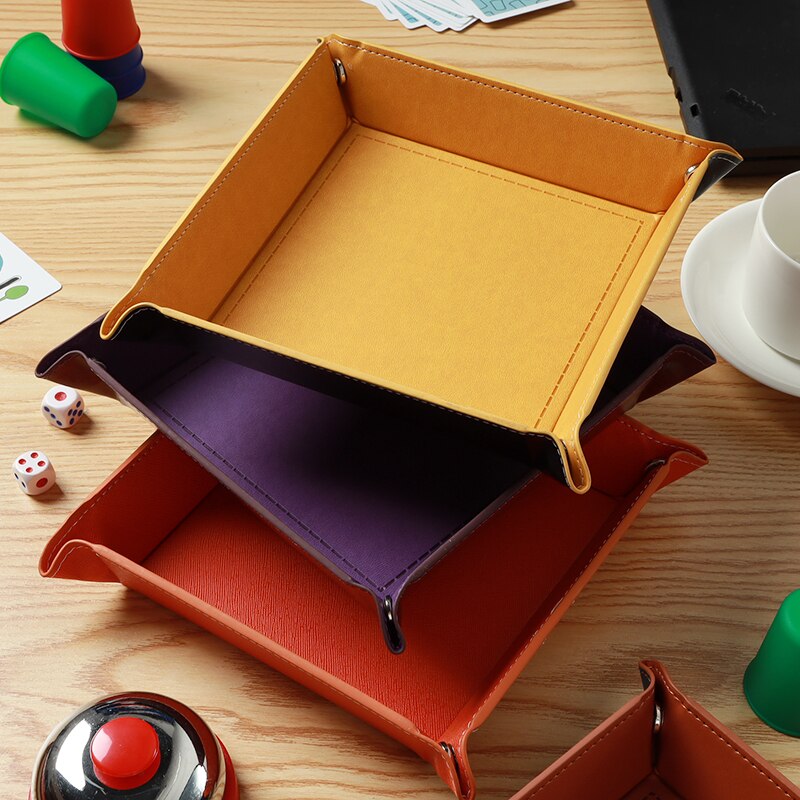 Klapp Dice Tray Box PU Leder Viereck Würfel Schlüssel Brieftasche Münze Lagerung Box Bord Spiele Tablett mit 9 Farben